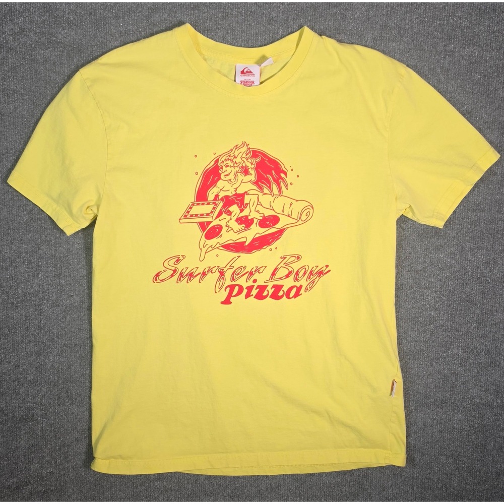 Quiksilver Stranger Things Surfer Boy Pizza Graphic T-Shirt Yellow Mens Medium